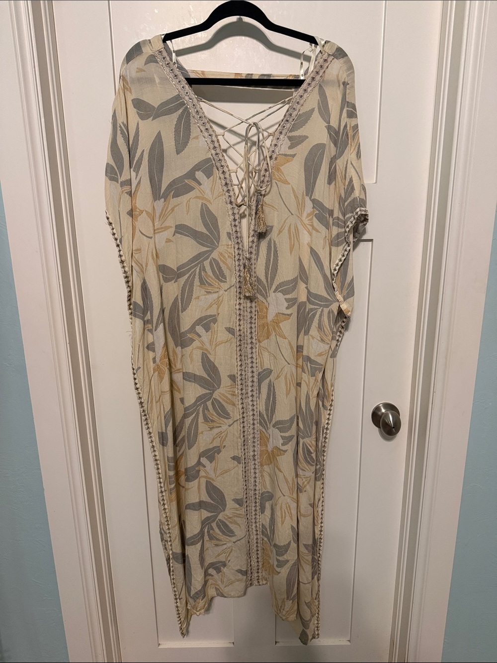 Boho Lace-Up Maxi Dress Cover-Up in Cream with Gray Floral